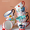 铂玉 手工手绘陶瓷早餐杯创意牛奶杯女性下午茶咖啡杯喝水杯可爱燕麦杯 深蓝早餐杯送勺子
