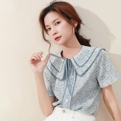 sharejewelry熙然夏季新品时尚小清新碎花娃娃领减龄雪纺衬衣女衬衫