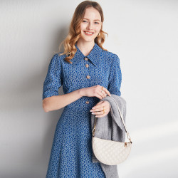 paluopo帕罗100桑蚕丝翻领碎花中袖真丝连衣裙