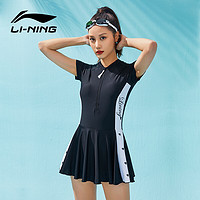 LI-NING 李宁 泳衣女连体裙式游泳衣遮肚显瘦抗氯速干休闲泳装176/LNYT574黑白色XL