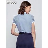 G2000 纵横两千 女装商务短袖衬衫女时尚撞色方领蓝色条纹上衣2022年新款夏