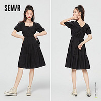 Semir 森马 连衣裙女复古温柔甜美2021夏季新款蝴蝶结韩版短袖裙