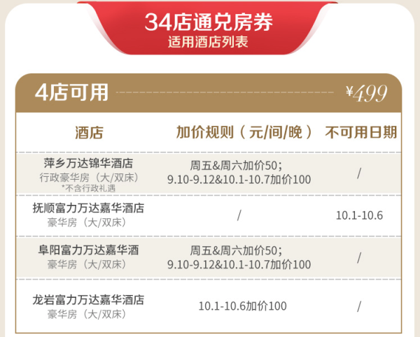 有效期到年底!万达酒店34店2天1晚客房含双早通兑