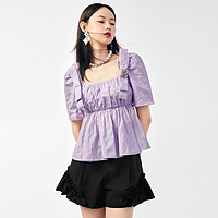 PEACEBIRD 太平鸟 紫色方领女蝴蝶结设计感夏季肌理感休闲上衣（无胸针）