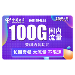 CHINA TELECOM 中国电信 长期静卡 29元/月（70GB通用流量、30GB专属流量）