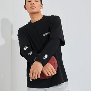 JACK&JONES 杰克琼斯 X NBA 男士假两件长袖T恤 222102017 黑色 XL