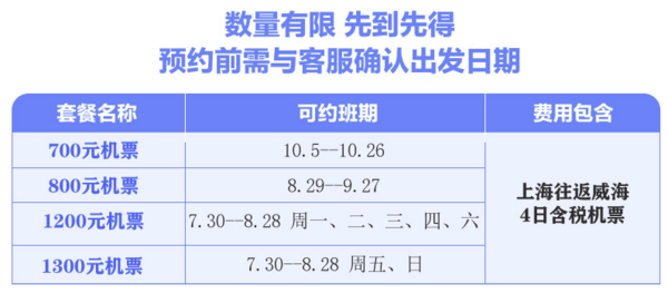 上海直飞山东威海4日含税（基建燃油）机票