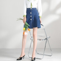 ANNE KLEIN 牛仔半身裙女夏季薄款2022新款包臀裙排扣a字裙高腰显瘦百褶短裙