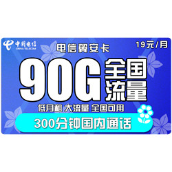 CHINA TELECOM 中国电信 翼安卡 19元月租（60G通用流量、30G定向流量、300分钟通话）