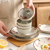 舍里 日式手绘餐具漫舞樱花家用汤碗碟盘子米饭碗碗陶瓷碗盘套装