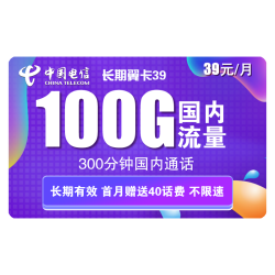 CHINA TELECOM 中国电信 长期翼卡 39元/月（70G通用流量、30G专属流量、300分钟通话）