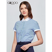 G2000 纵横两千 女装商务短袖衬衫女时尚撞色方领蓝色条纹上衣2022年新款夏