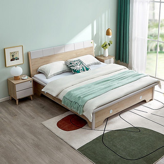 QuanU 全友 125702 北欧板式床+床头柜 哑光灰+橡木纹 150*200cm
