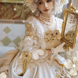 Puppets and Doll 古典玩偶 Lolita洛丽塔 花嫁 镜厅回响 女士OP有袖连衣裙 白金色 定制