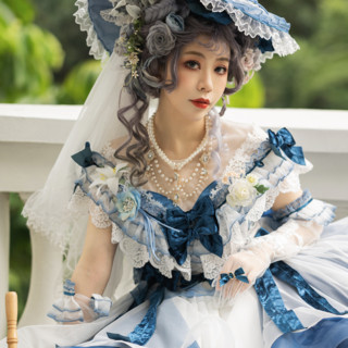 Elpress Lolita洛丽塔 花嫁 莎莉花园 女士OP有袖连衣裙 薄花蓝 S