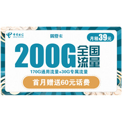 CHINA TELECOM 中国电信 翼夏卡 39元月租（170G通用流量、30G定向流量）