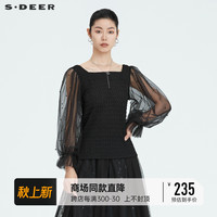 sdeer圣迪奥方领网纱拼接灯笼袖针织衫T恤2022新款女夏S222Z0204