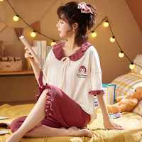 秋季休闲翻领舒适短袖亲肤可外穿女士睡衣家居服套装
