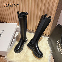 Josiny 卓诗尼 女靴2022冬季新款厚底骑士靴加绒百搭烟筒长靴英伦高筒靴子