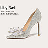 Lily Wei 大码法式高跟鞋41-43婚鞋细跟尖头小码新娘鞋蝴蝶结鞋子秋 银色 41