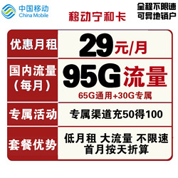 China Mobile 中国移动 宁和卡 29元月租（65G通用流量、30G定向流量）