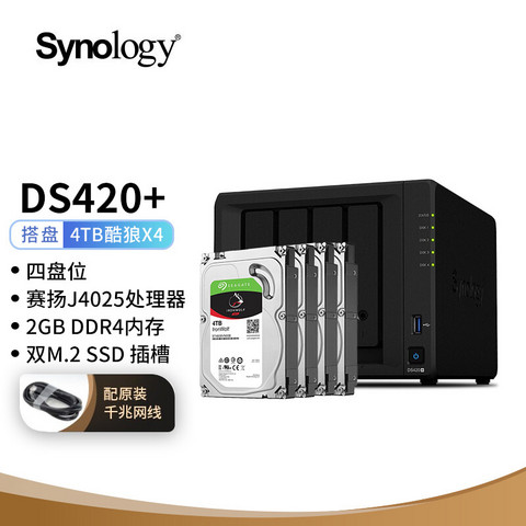 Synology 群晖 DS420 搭配4块希捷(Seagate) 4TB酷狼IronWolf ST4000VN006硬盘 套装