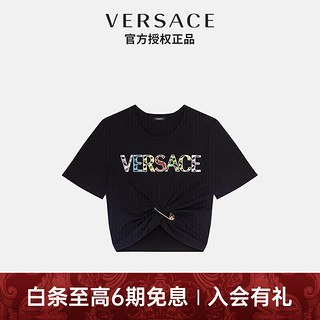 VERSACE 范思哲 奢侈品女装金属别针短款印花LOGO棉质T恤短袖黑色+彩色1004162-1A02992-2B070-36