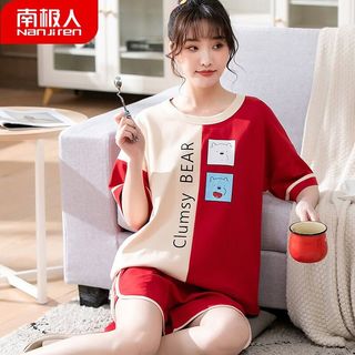 南极人睡衣女夏季薄款宽松舒适卡通印花短袖开衫套装家居服可外穿