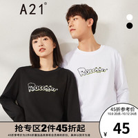 A21 春秋季新款男装针织时尚休闲街头趣味英文图案印花合体圆领长袖T恤衫情侣款 黑色 165/80A/S