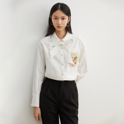 茵曼 商场同款纯棉精美刺绣口袋衬衣女2022春秋新款设计感上衣衬衫