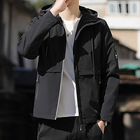 弗莱森 男装夹克男秋冬季韩版休闲外套男士连帽外衣茄克BLQ-JJ-JK211 黑色 XL