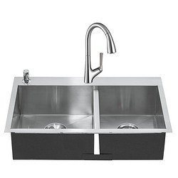 科勒KOHLER 手工晶钻厨盆水槽套餐K-3581T-2FD-NA+K-24337T-4-CP抽拉龙头双槽台上台下双用