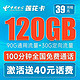 中国电信 莲花卡 39元月租（90G通用流量+30G定向流量+100分钟通话）20年优惠