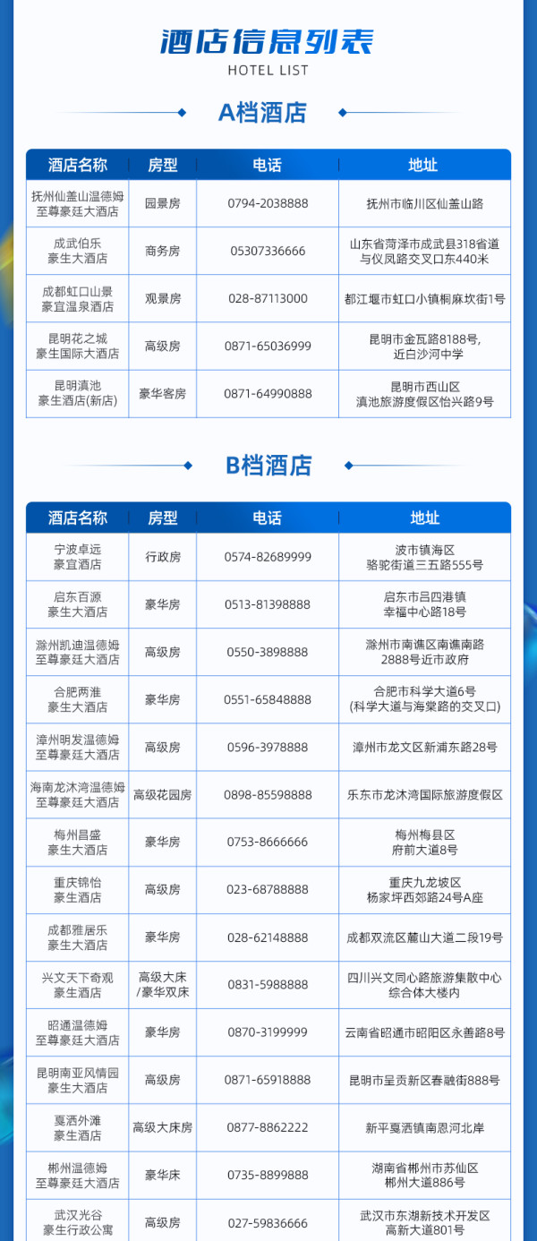 高星酒店通兑，70%周末可用不加价！豪生豪廷全国45店2晚套餐（可选无早或双早）
