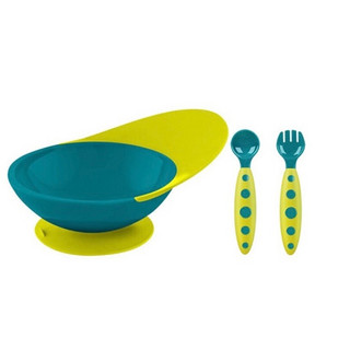 boon 啵儿儿童餐具吸盘碗 辅食碗婴儿碗训练吃饭餐具叉勺组合 湖蓝色/黄色套装
