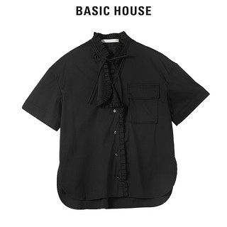 Basic House/百家好夏新款韩风不规则领口黑色衬衫女HVWS321D