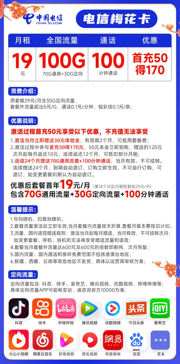 CHINA TELECOM 中国电信 梅花卡 19元月租(70G通用流量+30G定向流量+100分钟通话)送30话费