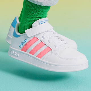 adidas阿迪达斯官方BREAKNET EL C女小童舒适魔术贴运动鞋小白鞋GY6016 白/粉/浅蓝色 34(210mm)