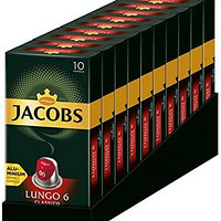 Isaac Jacobs Jacobs 咖啡胶囊 Lungo Classico，强度 6，100 粒 Nespresso®* ，10 包