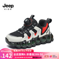 Jeep 吉普 儿童运动鞋加绒中大童2022秋冬新款吉普童鞋跑步鞋子女旋钮荧光男童休闲鞋 经典黑(双网) 37 鞋内长约236mm