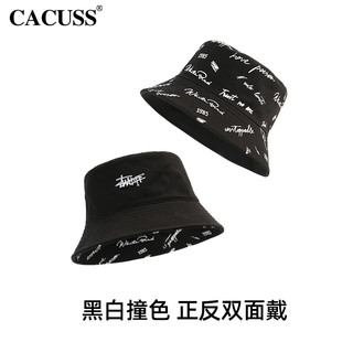 CACUSS 渔夫帽女双面戴秋季大头围帽子男潮流情侣印花时尚百搭盆帽显脸小