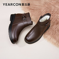 YEARCON 意尔康 女鞋2022冬季新款真皮羊毛中老年妈妈棉鞋坡跟加绒保暖短靴