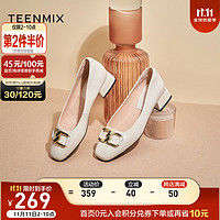TEENMIX 天美意 女鞋单鞋女皮鞋通勤鞋子女商场同款金属扣粗跟浅口优雅女皮鞋 米白 39