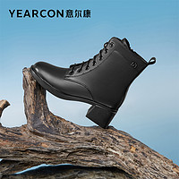 YEARCON 意尔康 女鞋2022冬季新款马丁靴加绒短靴英伦风粗跟高跟皮鞋英伦风