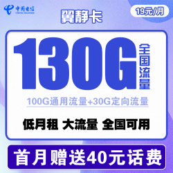 CHINA TELECOM 中国电信 翼静卡 19元月租（100G通用流量+30G定向流量）赠送40话费