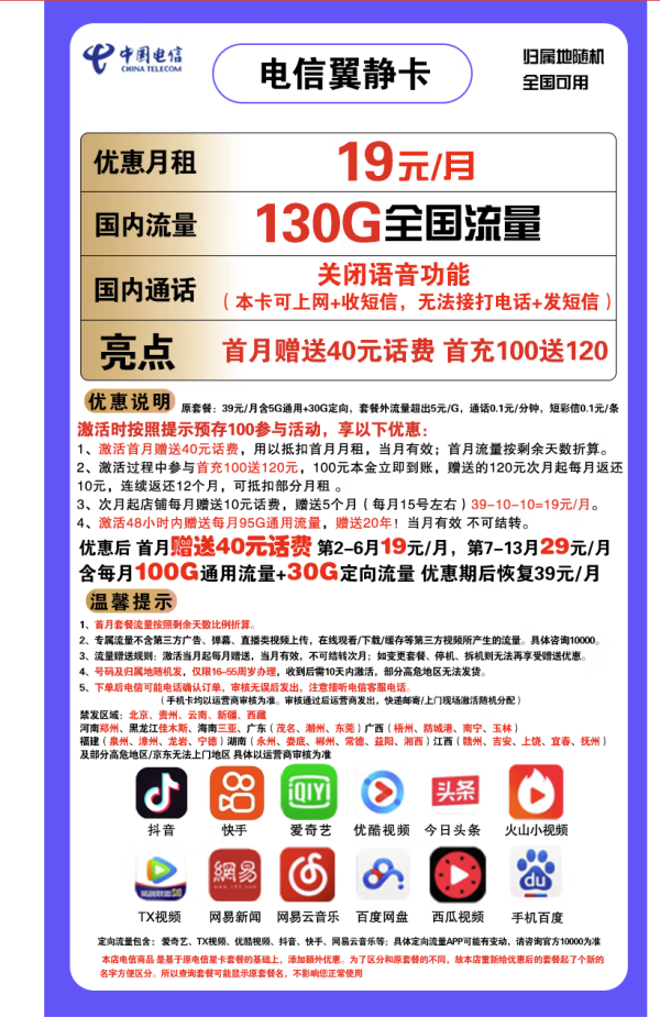 CHINA TELECOM 中国电信 翼静卡 19元月租（100G通用流量+30G定向流量）赠送40话费