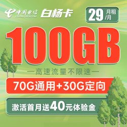 CHINA TELECOM 中国电信 白杨卡 29元月租（70G通用流量+30G定向流量）激活送40话费 长期套餐