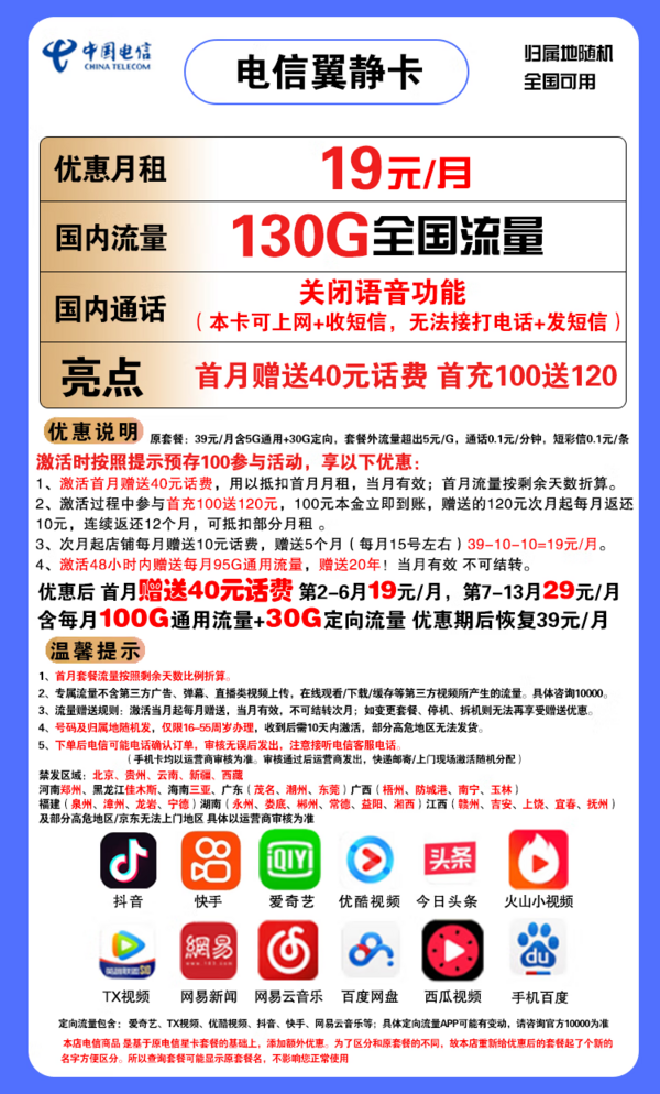 CHINA TELECOM 中国电信 翼静卡 19元月租（100G通用流量+30G定向流量）赠送40话费