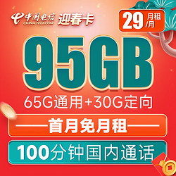 CHINA TELECOM 中国电信 迎春卡 29元月租（65G通用流量+30G定向流量+100分钟通话）激活送40 长期套餐