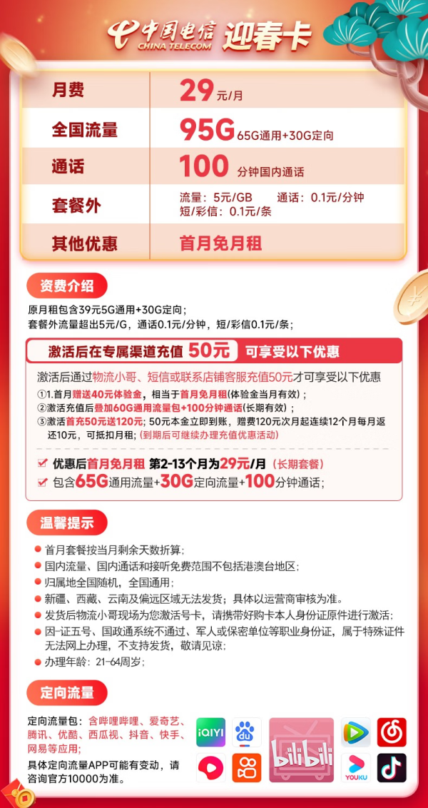 CHINA TELECOM 中国电信 迎春卡 29元月租(65G通用流量+30G定向流量+100分钟通话)激活送40 长期套餐